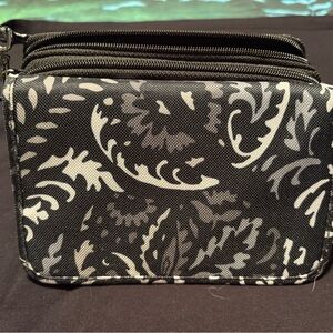 Vera Bradley Charcoal and Ivory Floral Wallet with cross body strap.